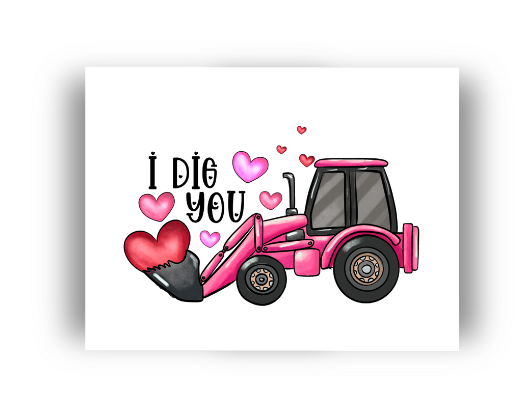 Cartoon pink tractor with 'I dig you' text and hearts on a white background